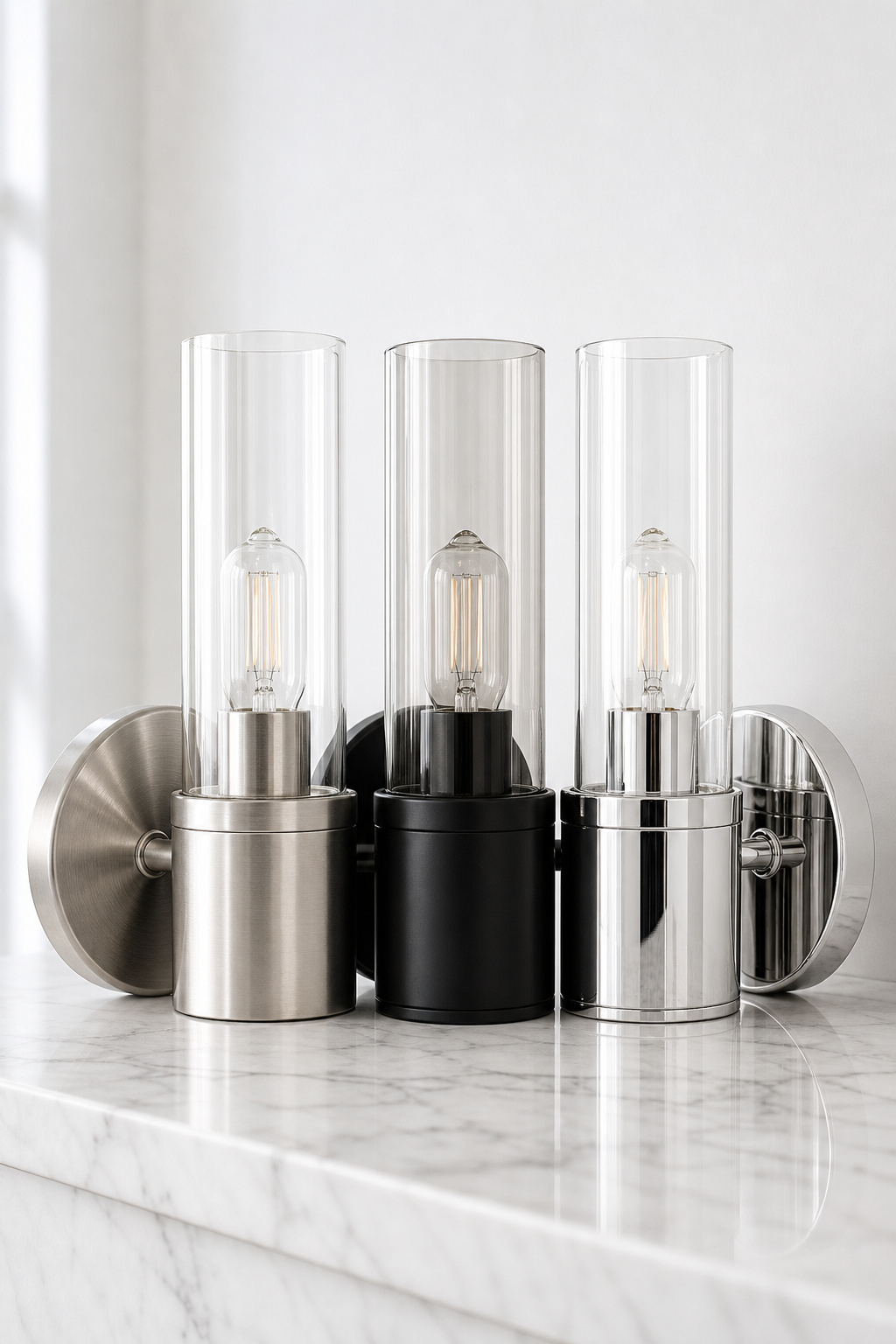 Three bathroom wall sconce fixtures in brushed nickel, matte black and polished chrome displayed side by side on white marble for finish comparison