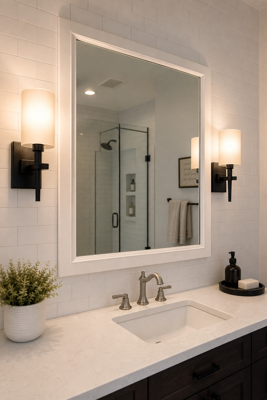 Bathroom vanity with a white mirror flanked by two matte-black frosted-glass sconces mounted at eye level on white subway tile