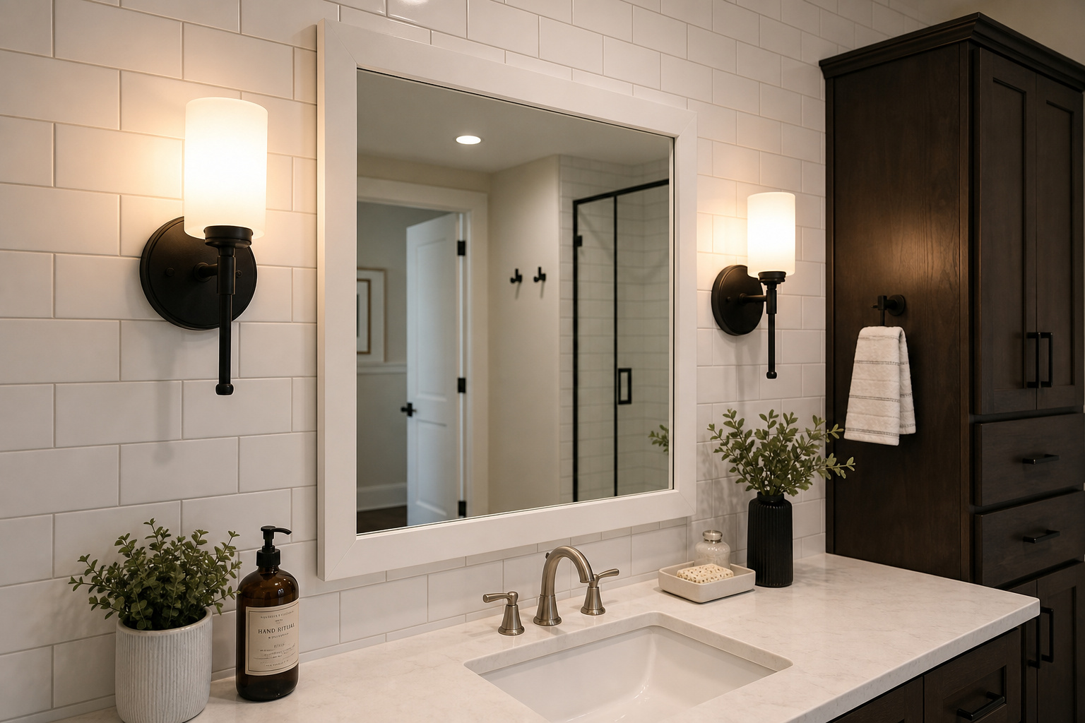 Bathroom vanity with a white mirror flanked by two matte-black frosted-glass sconces mounted at eye level on white subway tile