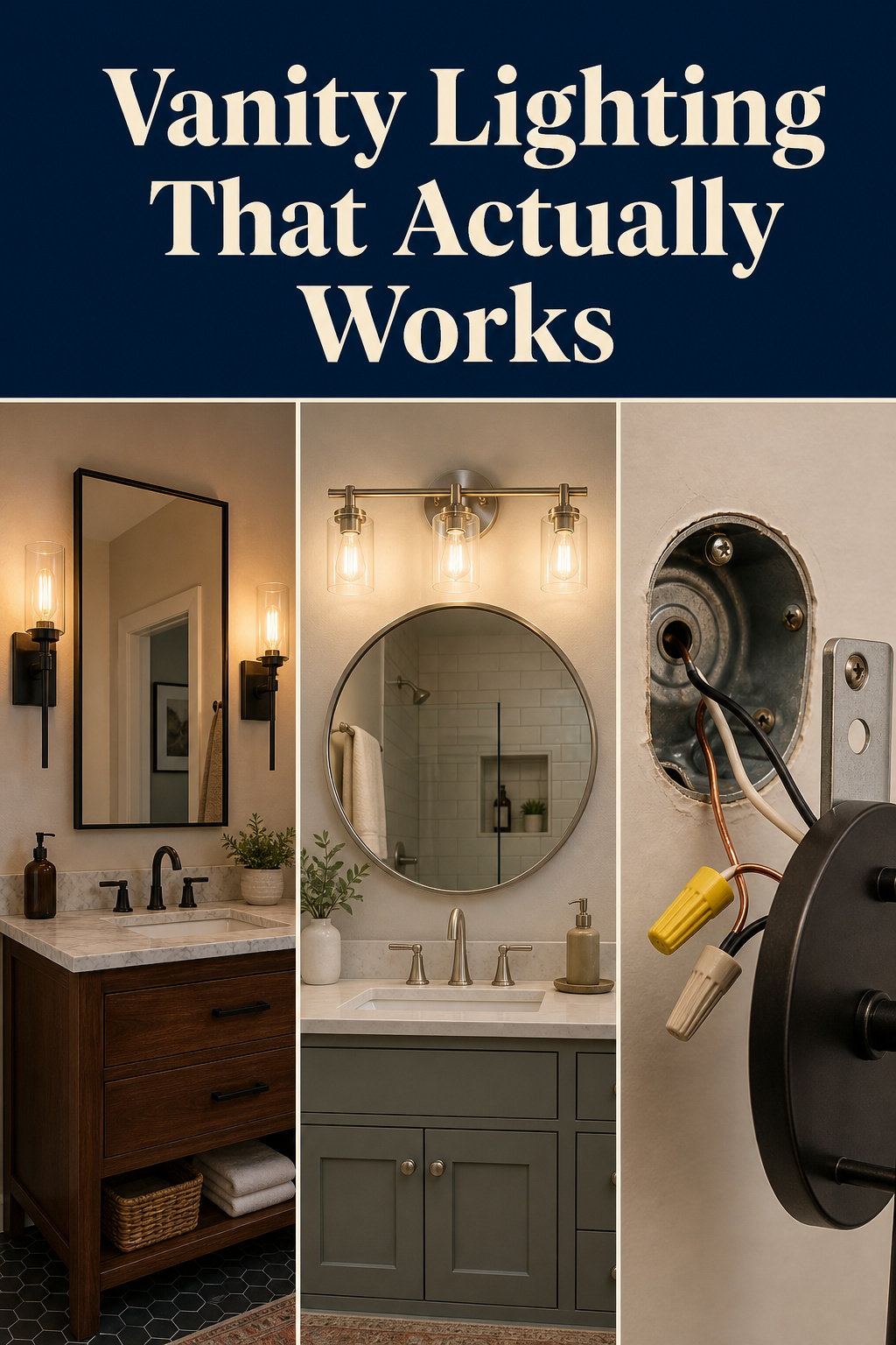 Pinterest collage showing three bathroom vanity lighting setups: flanking sconces, an over-mirror bar, and a sconce junction box installation detail