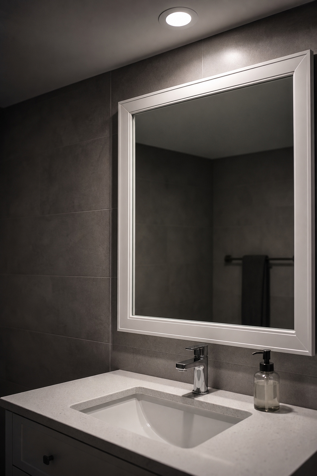 Bathroom vanity mirror showing deep shadows cast by a single overhead recessed ceiling light, with dark areas under the mirror's horizontal viewing zone