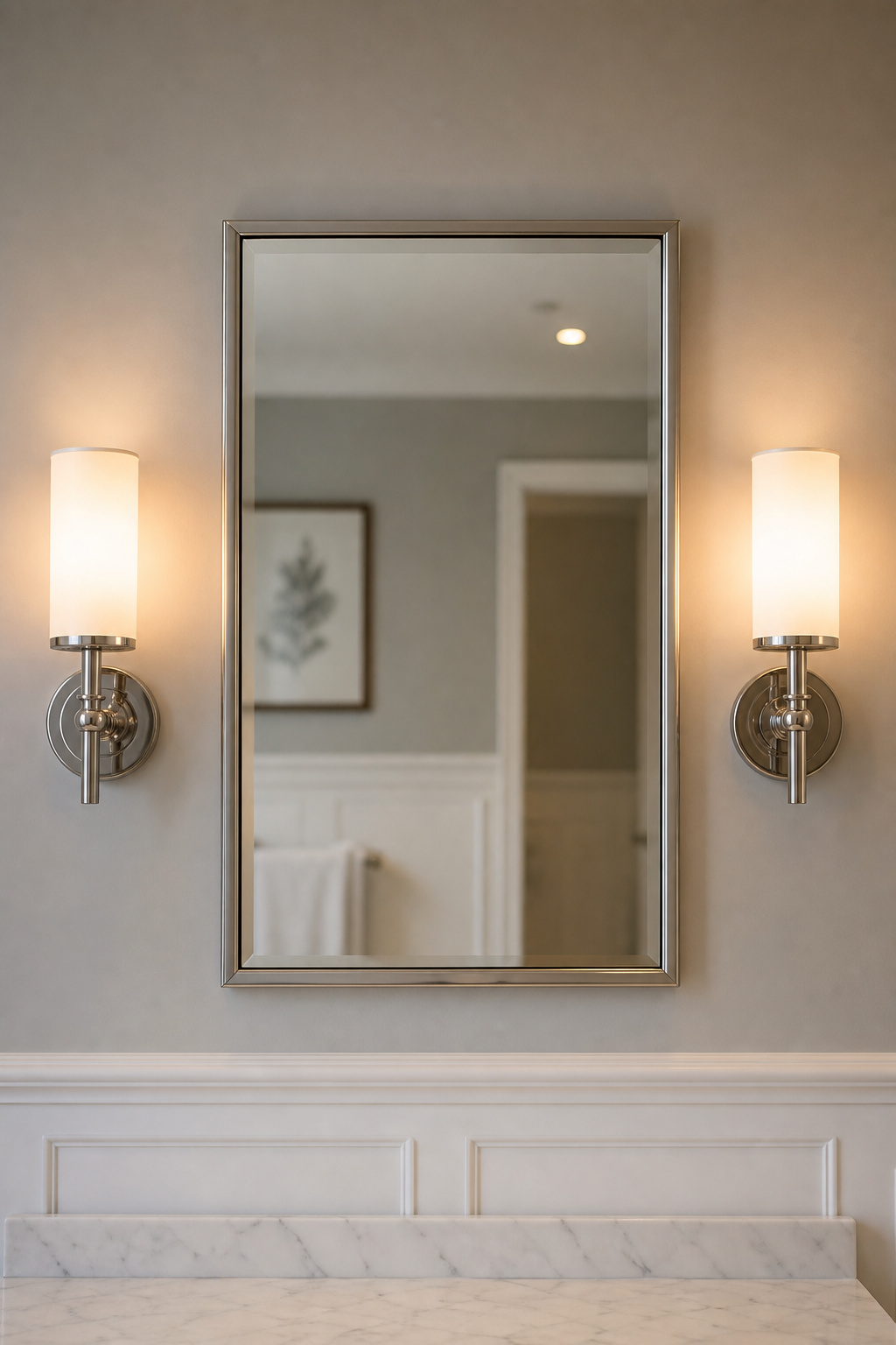 Bathroom mirror flanked by two frosted-glass cylindrical wall sconces mounted symmetrically at eye level on a light-grey wall
