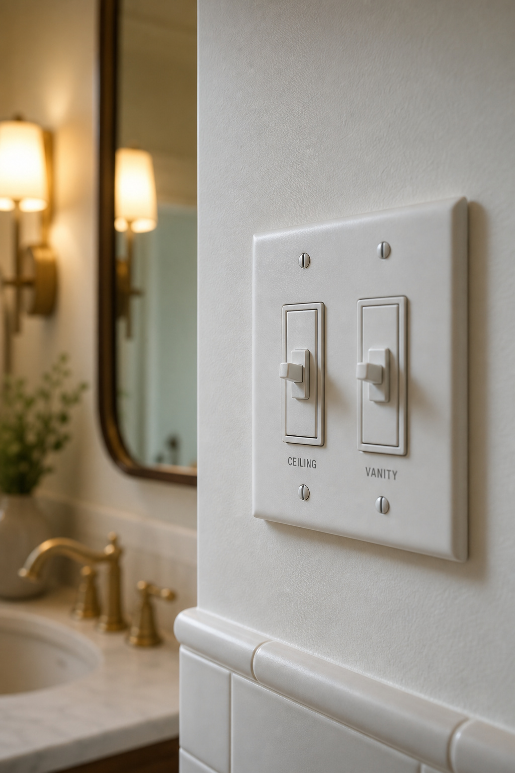 Two dimmer switches on a white wall plate in a bathroom, one for the ceiling light and one for the vanity sconces