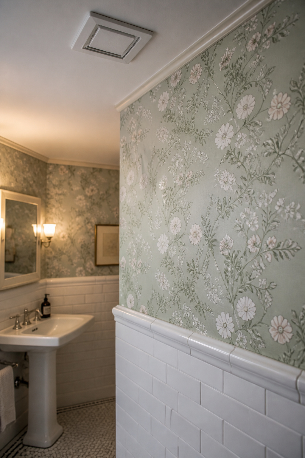 Period floral wallpaper above subway tile wainscot in a vintage bathroom with ceiling extraction fan visible