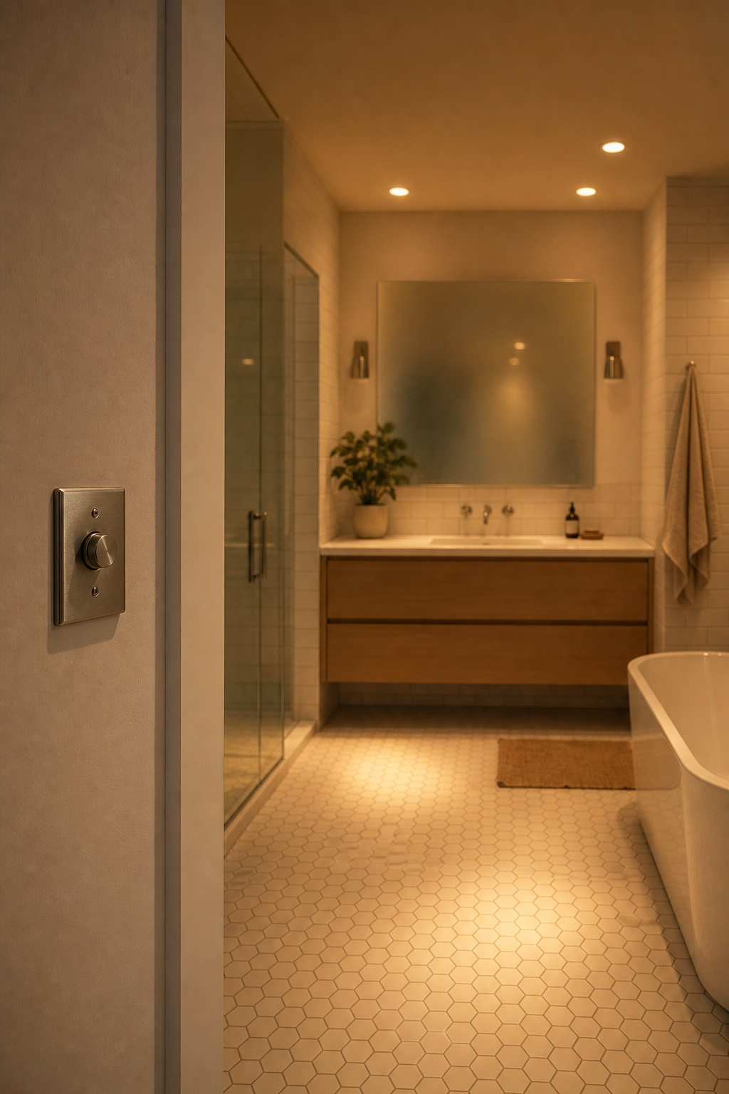 Bathroom shown with only the warm 2700K ambient ceiling circuit active, casting golden light across white hexagonal tiles while the vanity sconces remain off