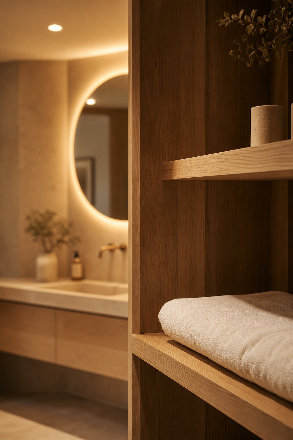 Bathroom interior bathed in warm 2700K LED light in the evening, with timber shelving and pale stone tiles
