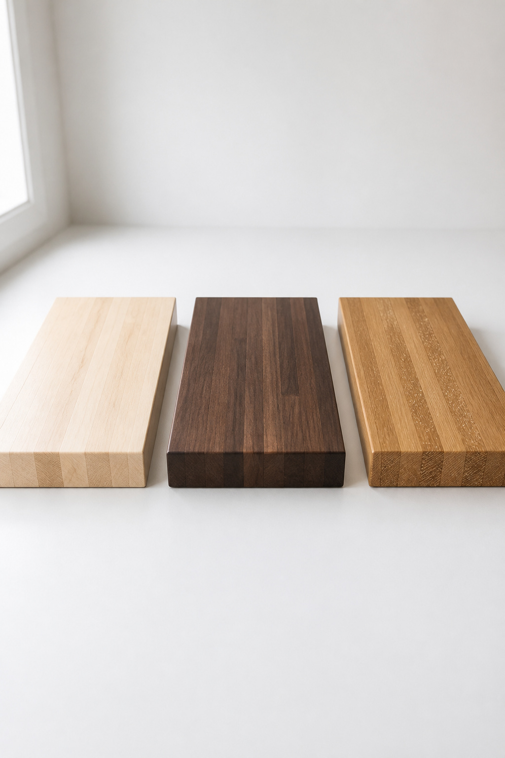 Three butcher block wood species side by side: pale hard maple, dark walnut, and warm white oak edge-grain slabs showing contrasting grain and colour