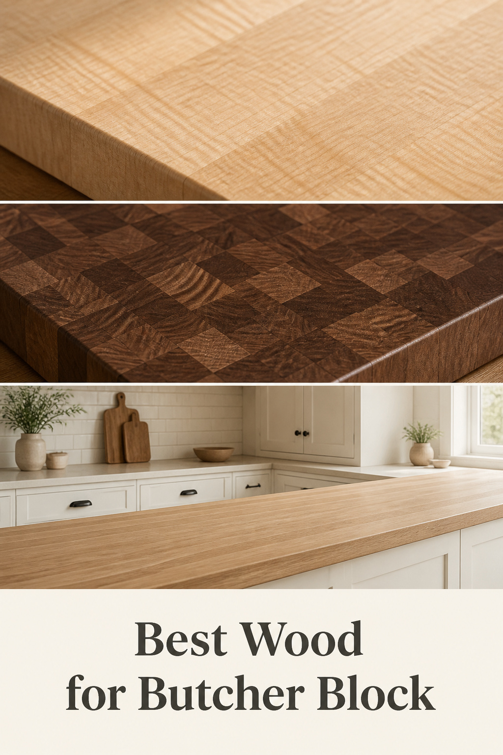 Pinterest collage comparing maple, walnut, and white oak butcher block wood species with grain close-ups and a Scandinavian kitchen scene