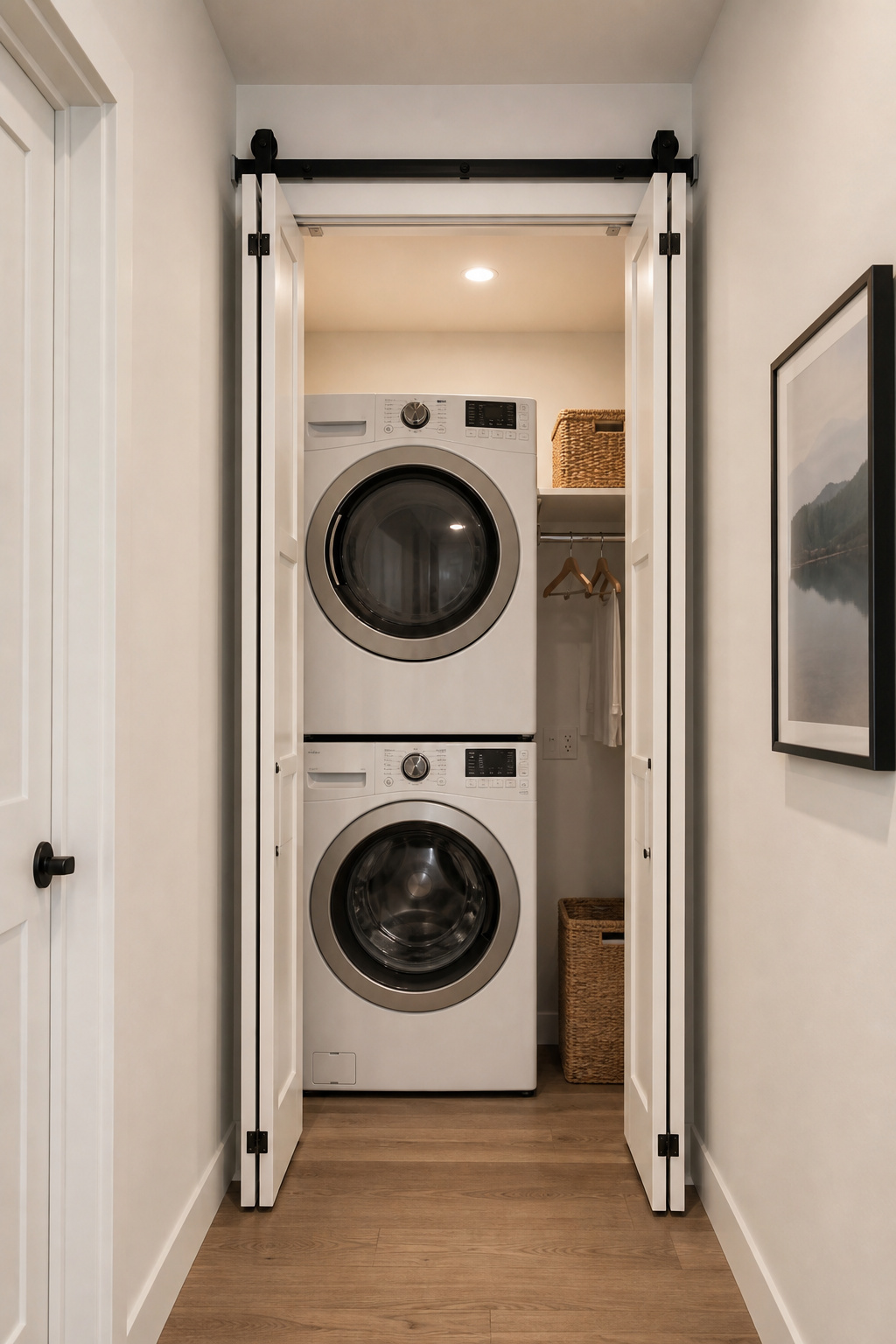 Bifold barn door on a laundry closet shown fully open, panels folded against the frame, washer and dryer fully accessible with no wall space required