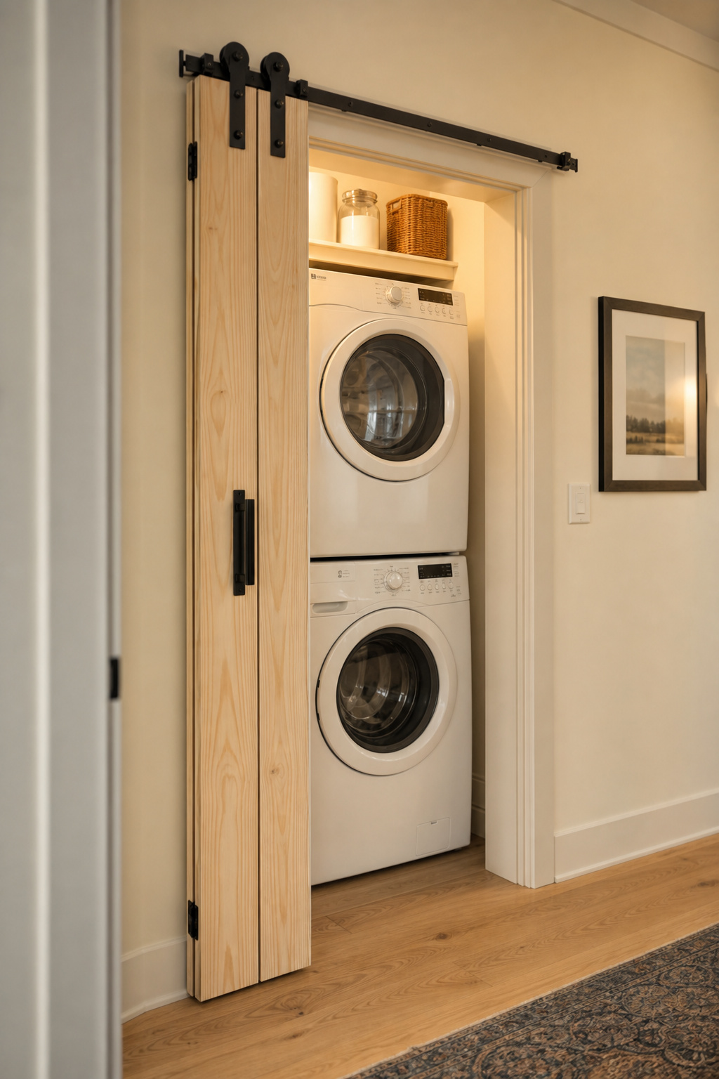 Two-panel bifold barn door fully open and folded against the left wall of a hallway laundry closet, revealing stacked washer and dryer