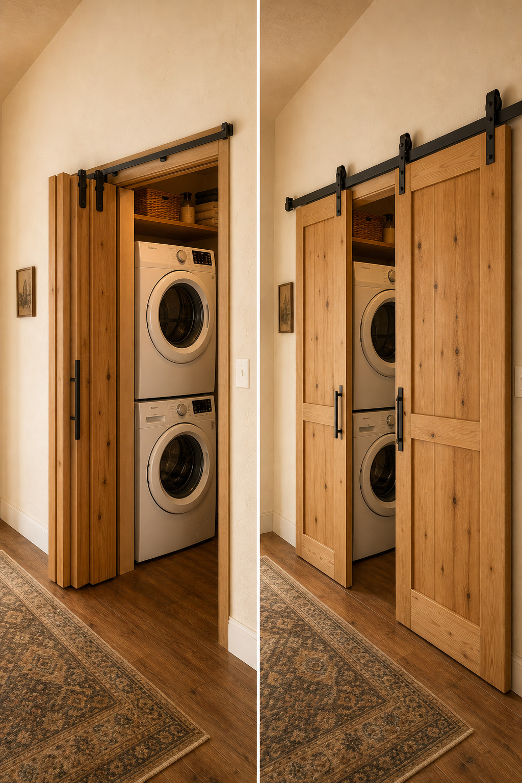 Side-by-side comparison of a bifold barn door and bypass sliding door on a narrow laundry closet opening, showing how each type stacks and clears the opening