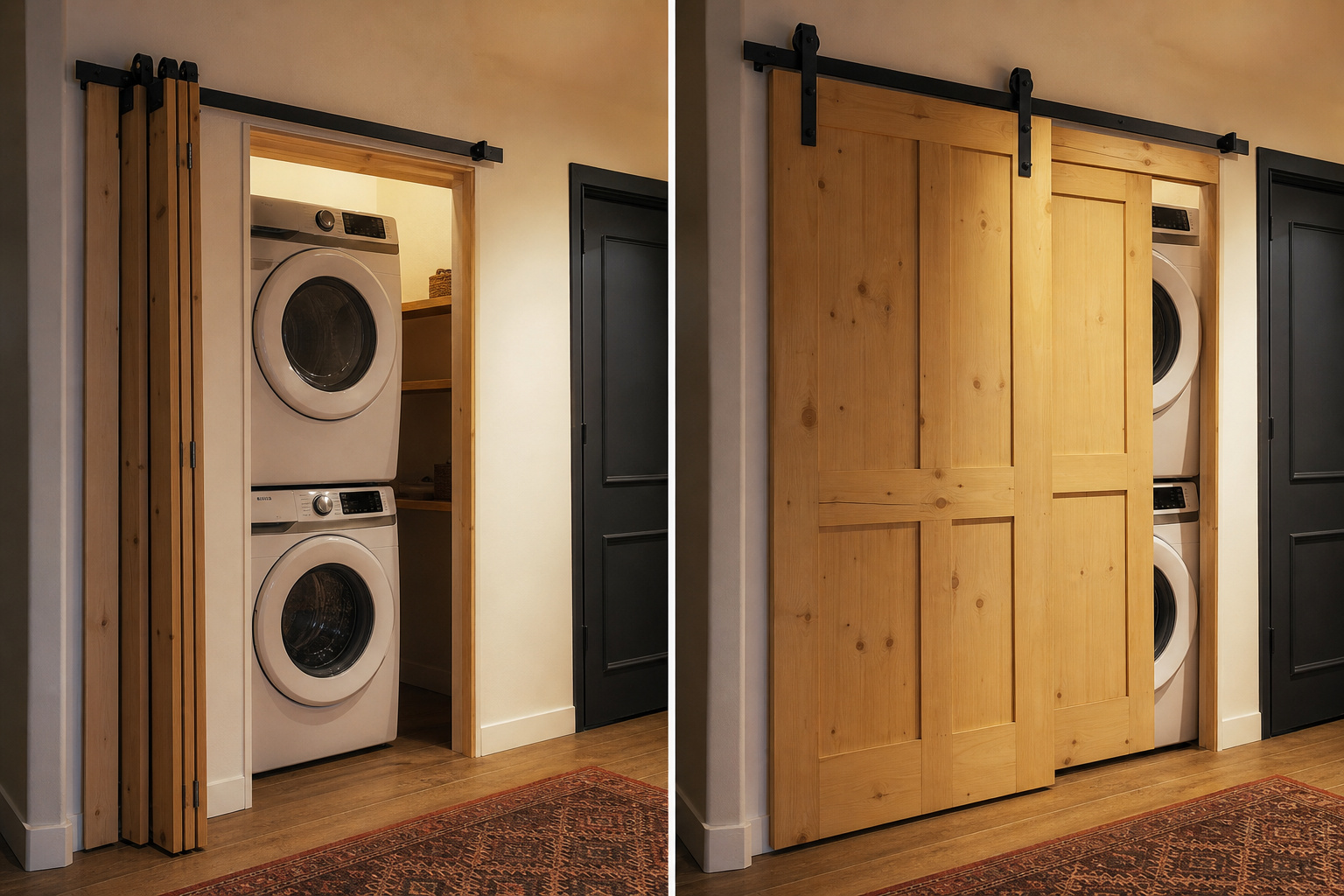 Side-by-side comparison of a bifold barn door and bypass sliding door on a narrow laundry closet opening, showing how each type stacks and clears the opening