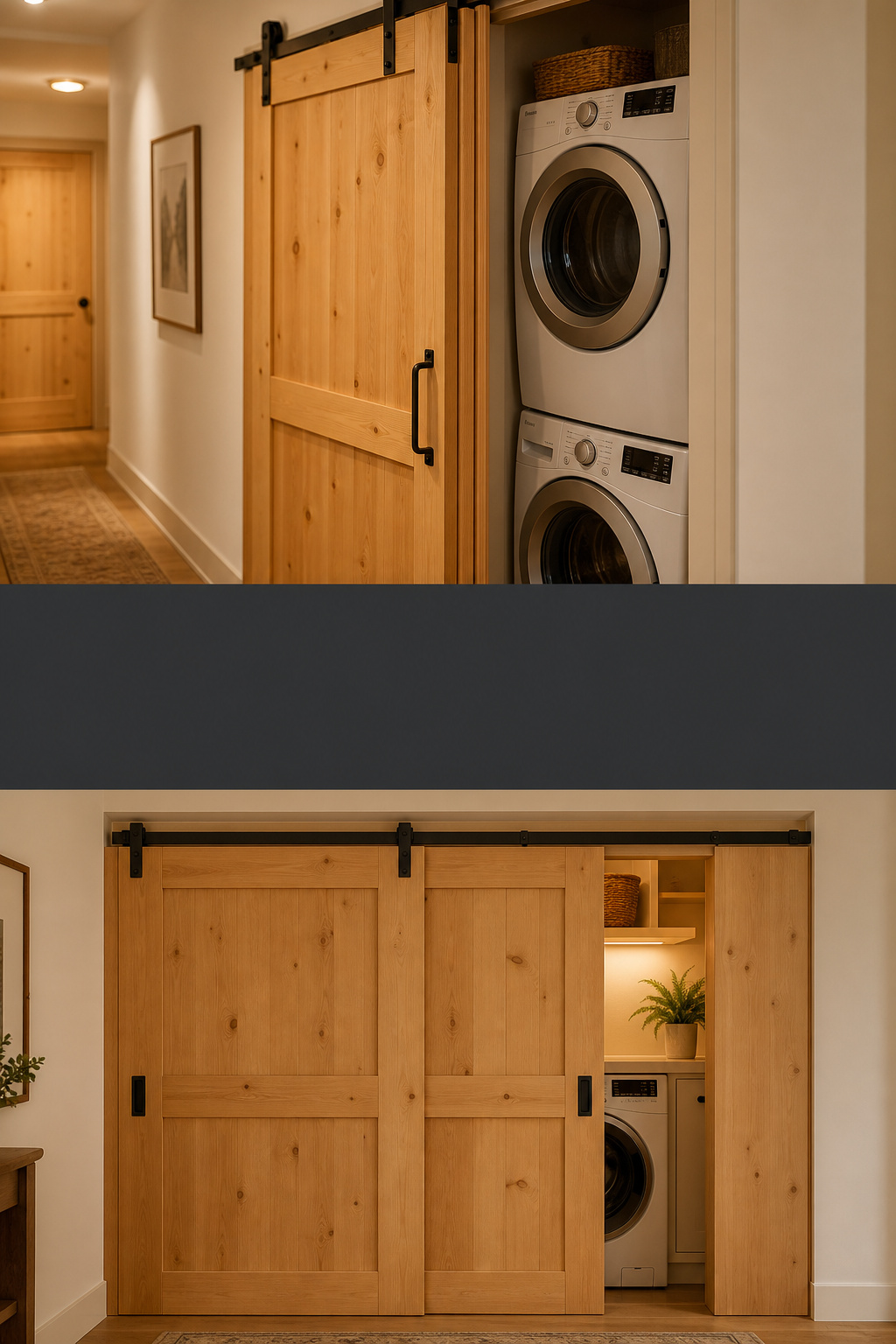 Pinterest pin graphic showing bifold barn door stacked open and bypass barn door partially open on a laundry closet, with text overlay space for headline