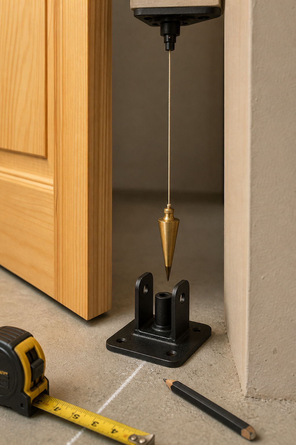 Close-up of a matte-black floor pivot bracket being positioned below a bifold barn door top pivot using a plumb bob for precise alignment