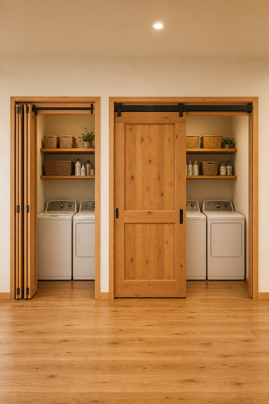 Side-by-side view of a 2-panel bifold open on a narrow 30-inch closet and a double bypass open on a wide 60-inch closet, showing the visual difference between the two systems