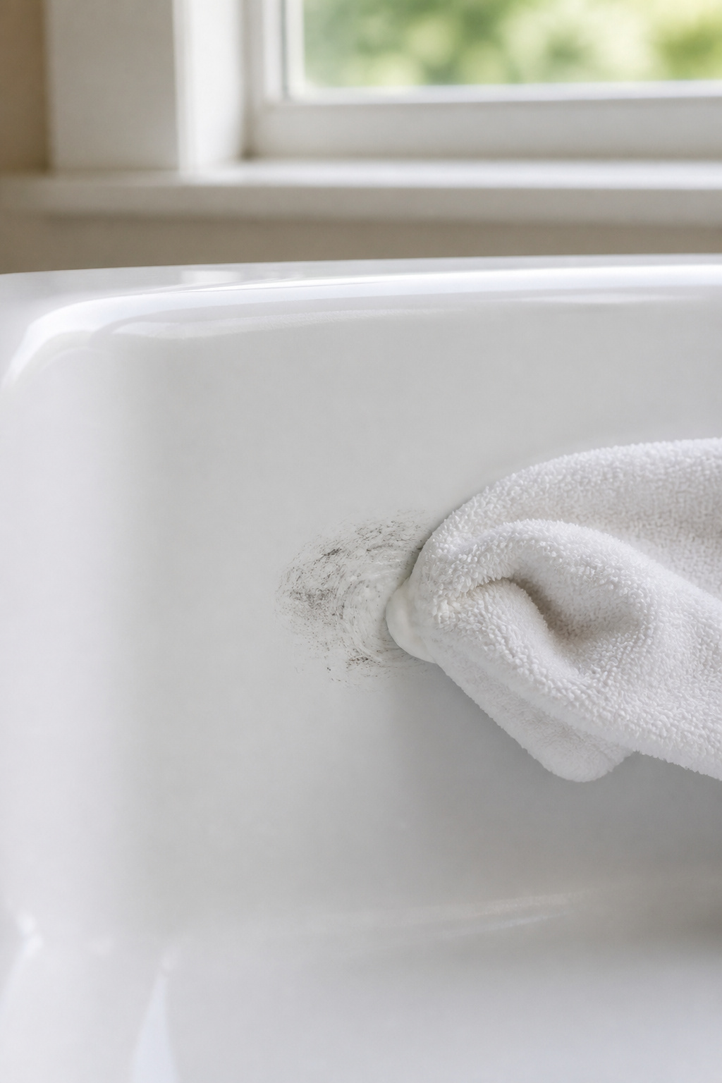 Soft cloth applying Bar Keepers Friend paste to a grey metal mark on a white fireclay sink surface
