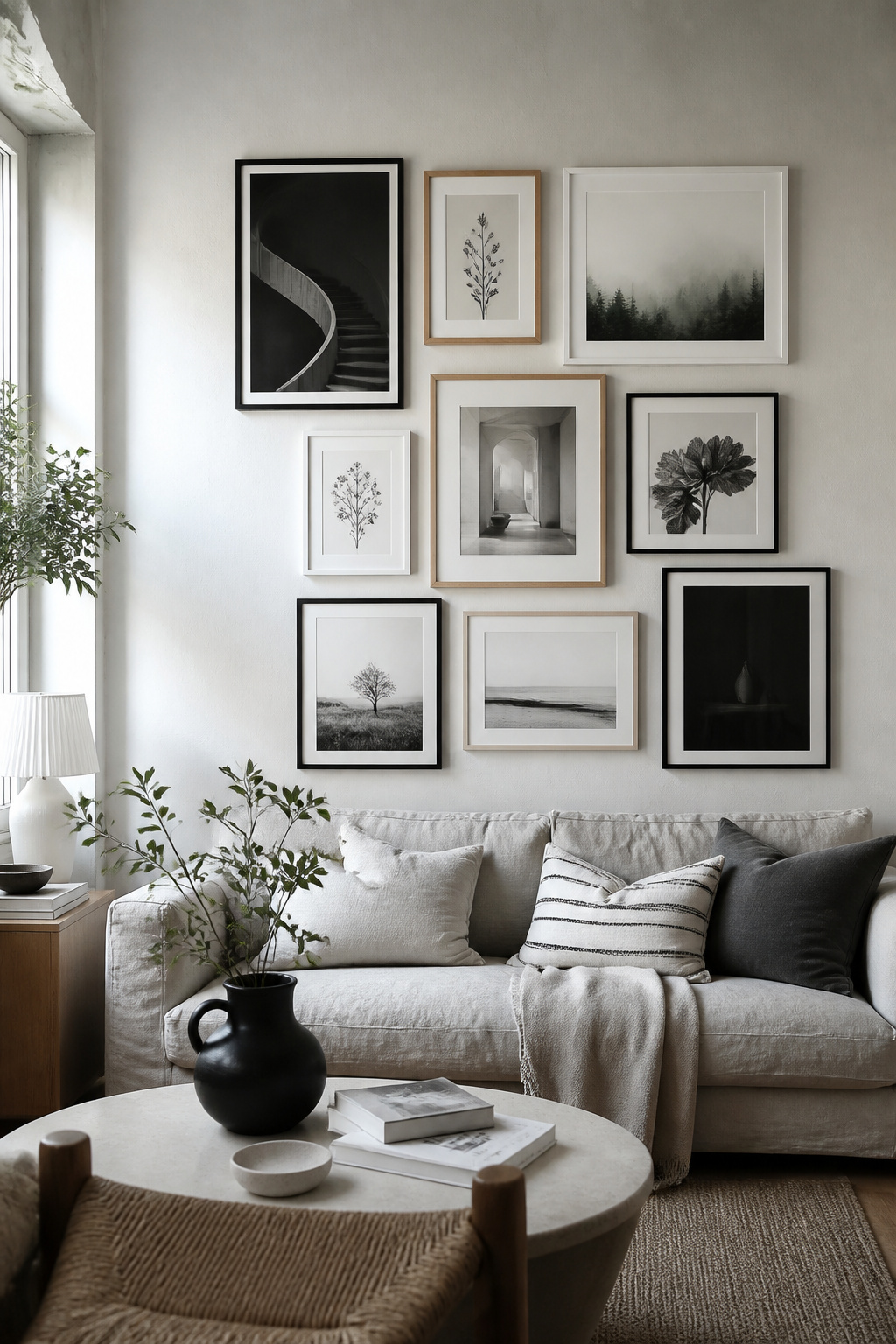 Black and white gallery wall with nine frames in mixed black, oak and white finishes showing full tonal range from deep blacks to bright whites, Scandinavian living room