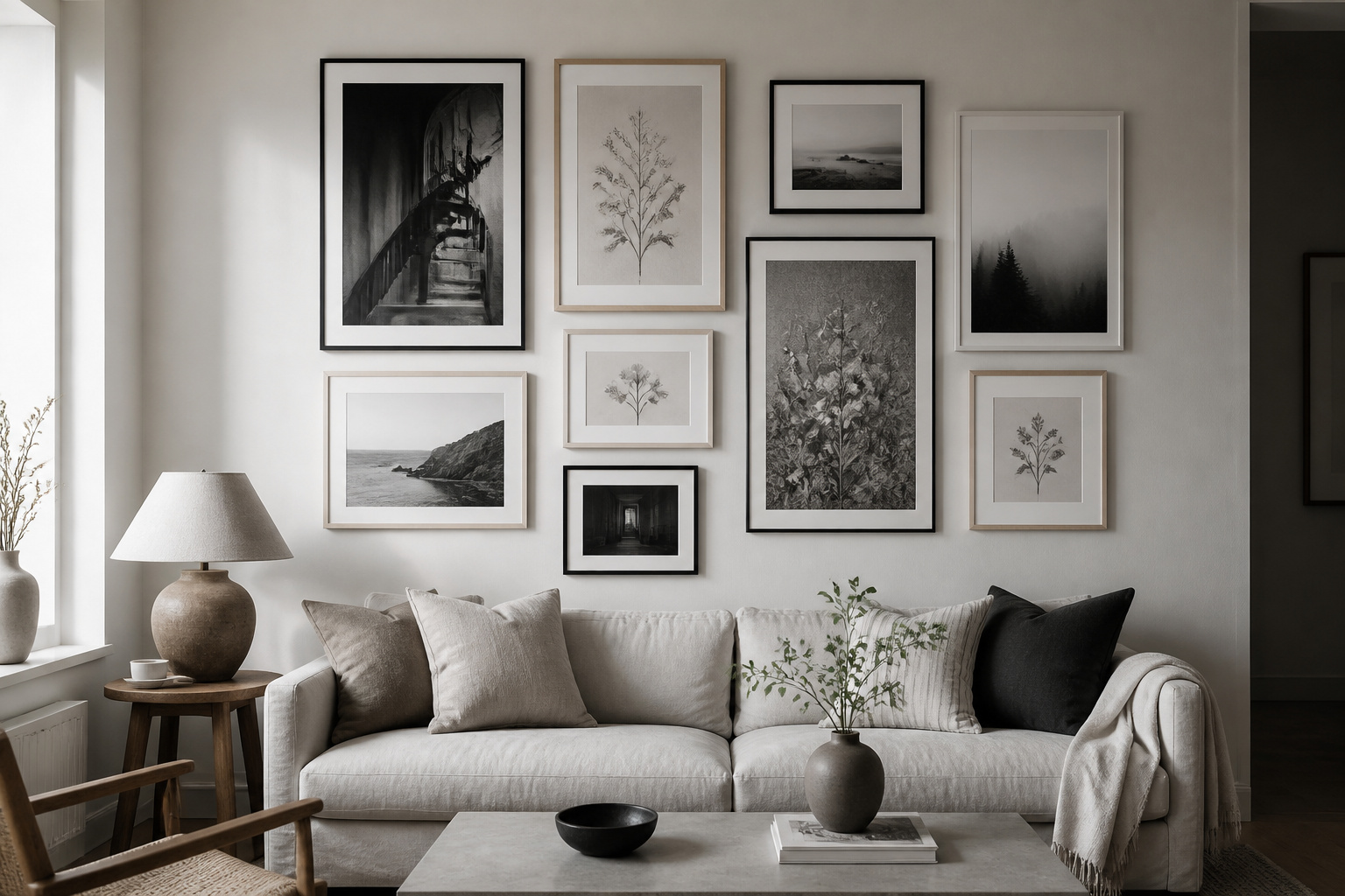 Black and white gallery wall with nine frames in mixed black, oak and white finishes showing full tonal range from deep blacks to bright whites, Scandinavian living room