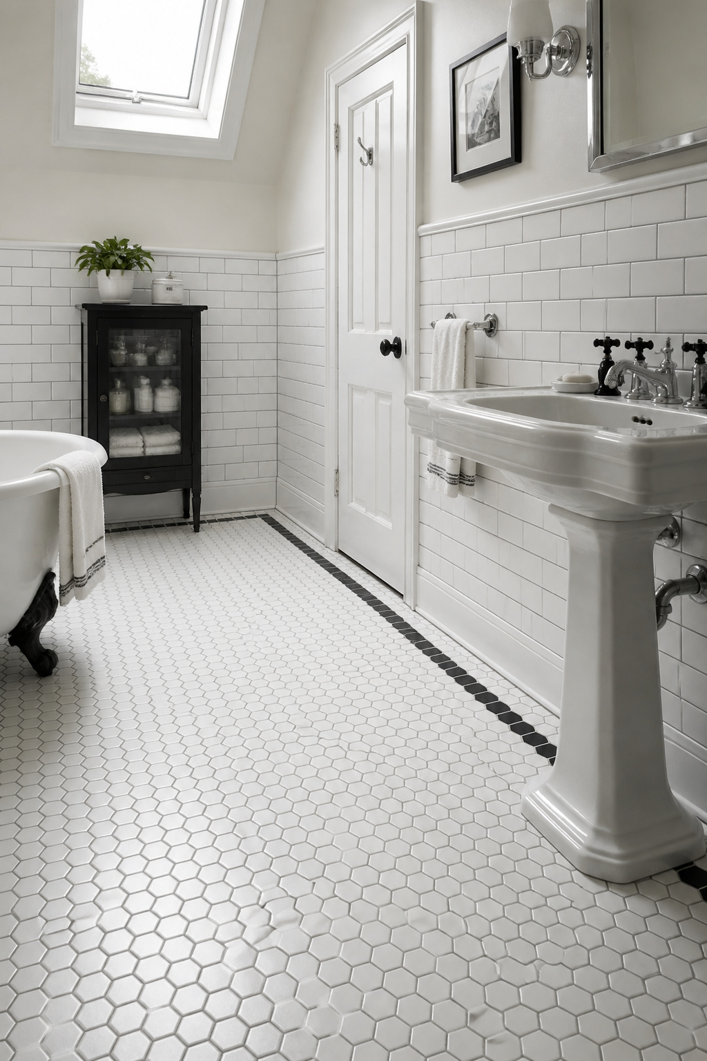 Vintage bathroom with correct black-and-white proportion: white hex floor with single black border, white subway wall tile, minimal black in hardware only
