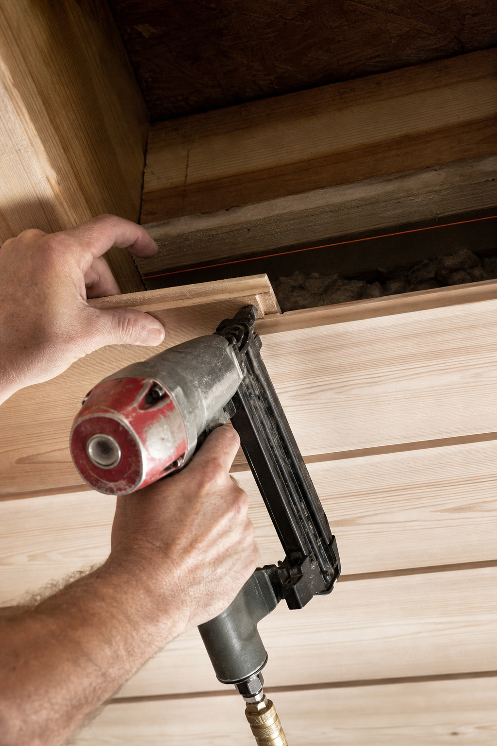 Pneumatic nailer driving finish nail at 45-degree angle through tongue of ceiling plank during blind-nail installation