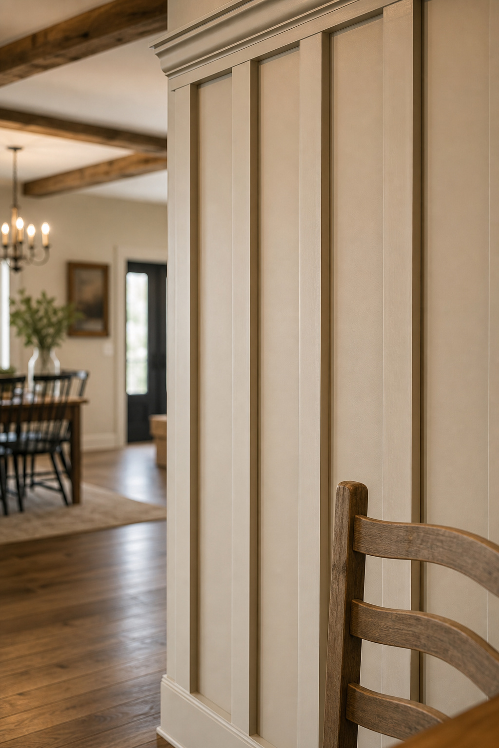 Full-height board-and-batten accent wall painted warm greige in a farmhouse dining room with ladder-back chair in foreground