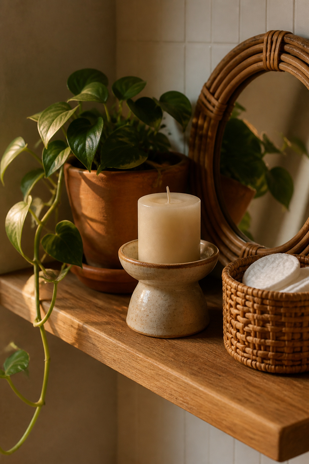 Boho bathroom shelf with terracotta pot, ceramic candle holder and rattan mirror — styled in a group of three