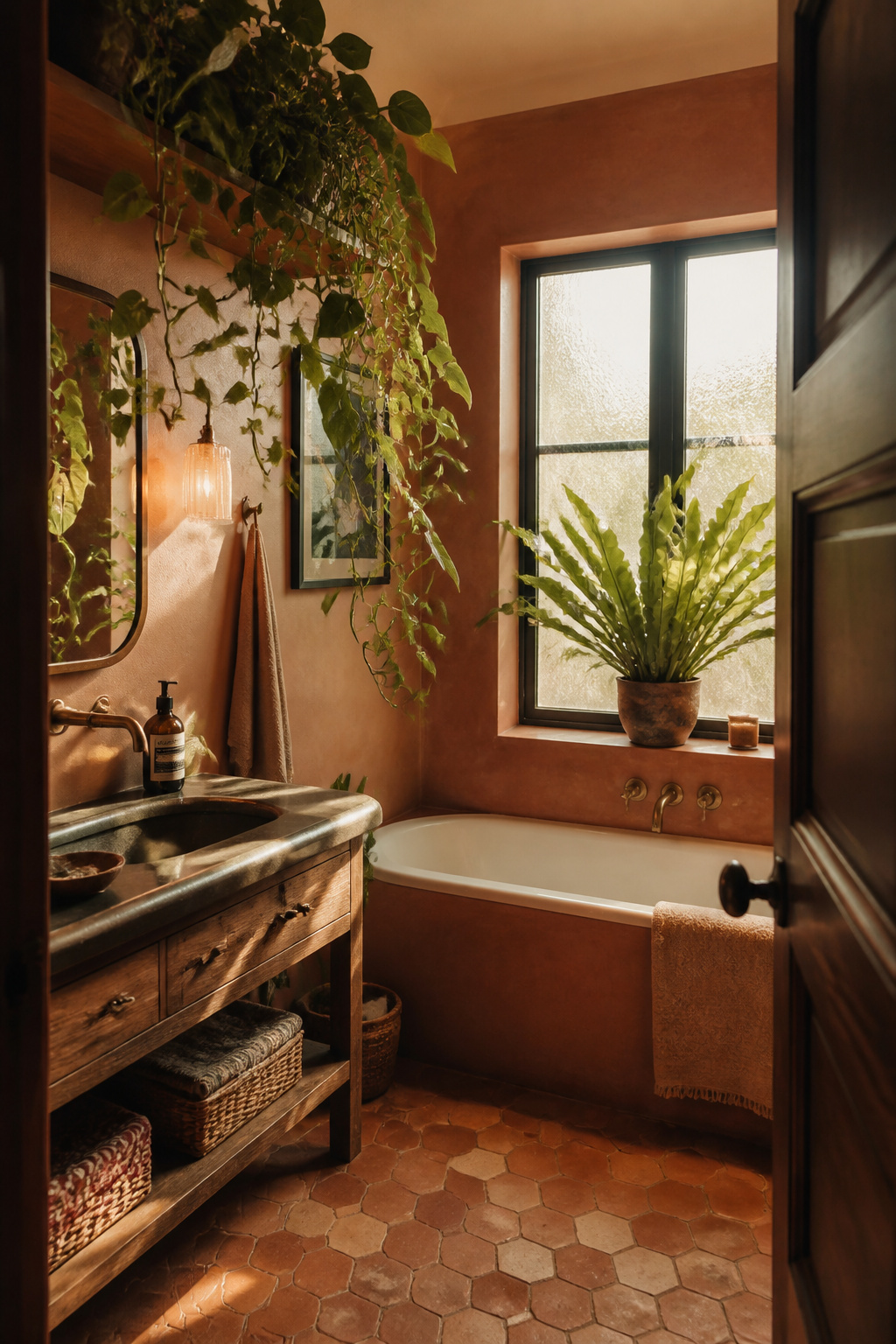 Boho bathroom doorway view with trailing pothos and bird's nest fern in morning light, terracotta walls, hexagonal floor tiles