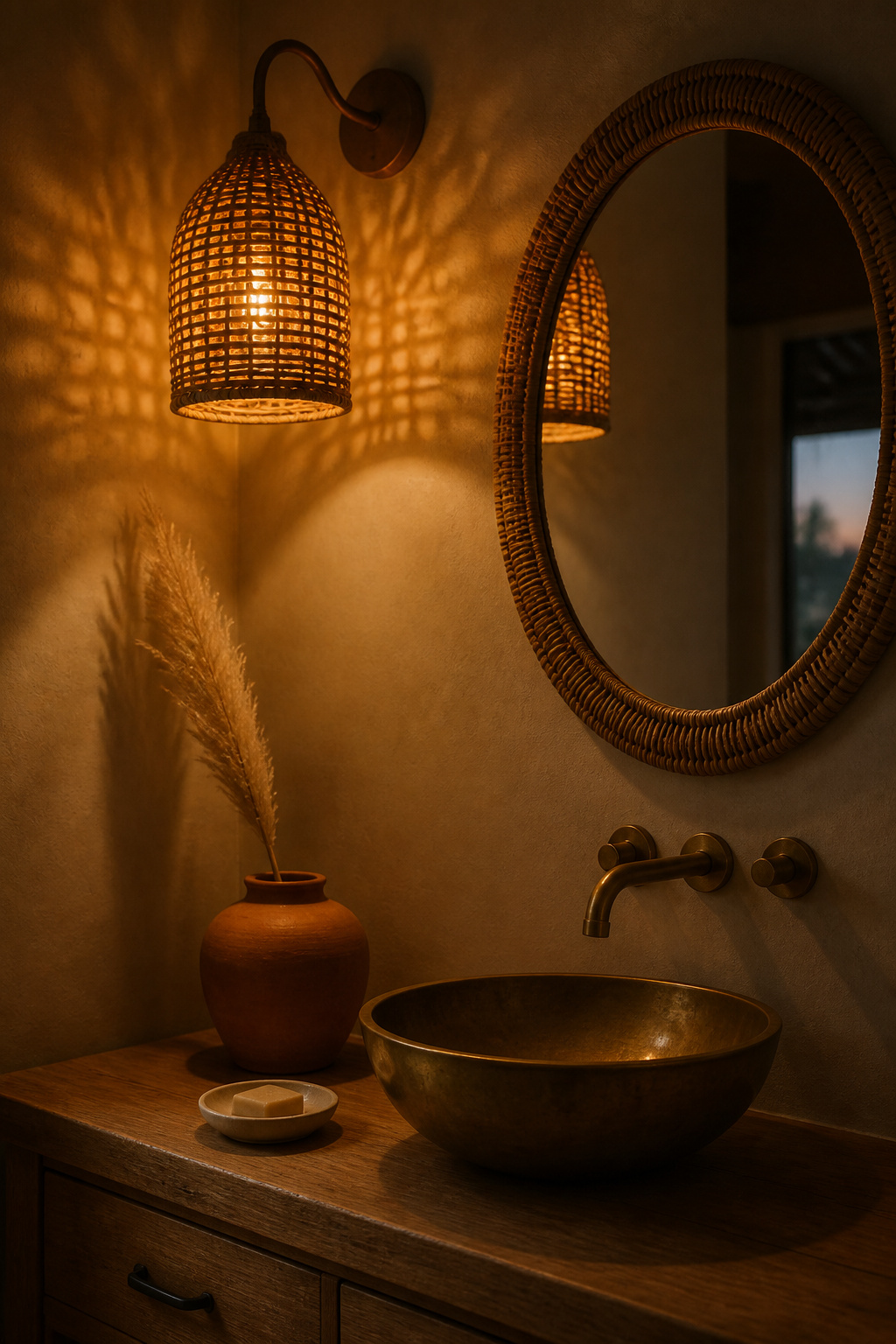 Boho bathroom vanity with rattan pendant light, unlacquered brass tap and rattan-frame oval mirror glowing warmly at dusk