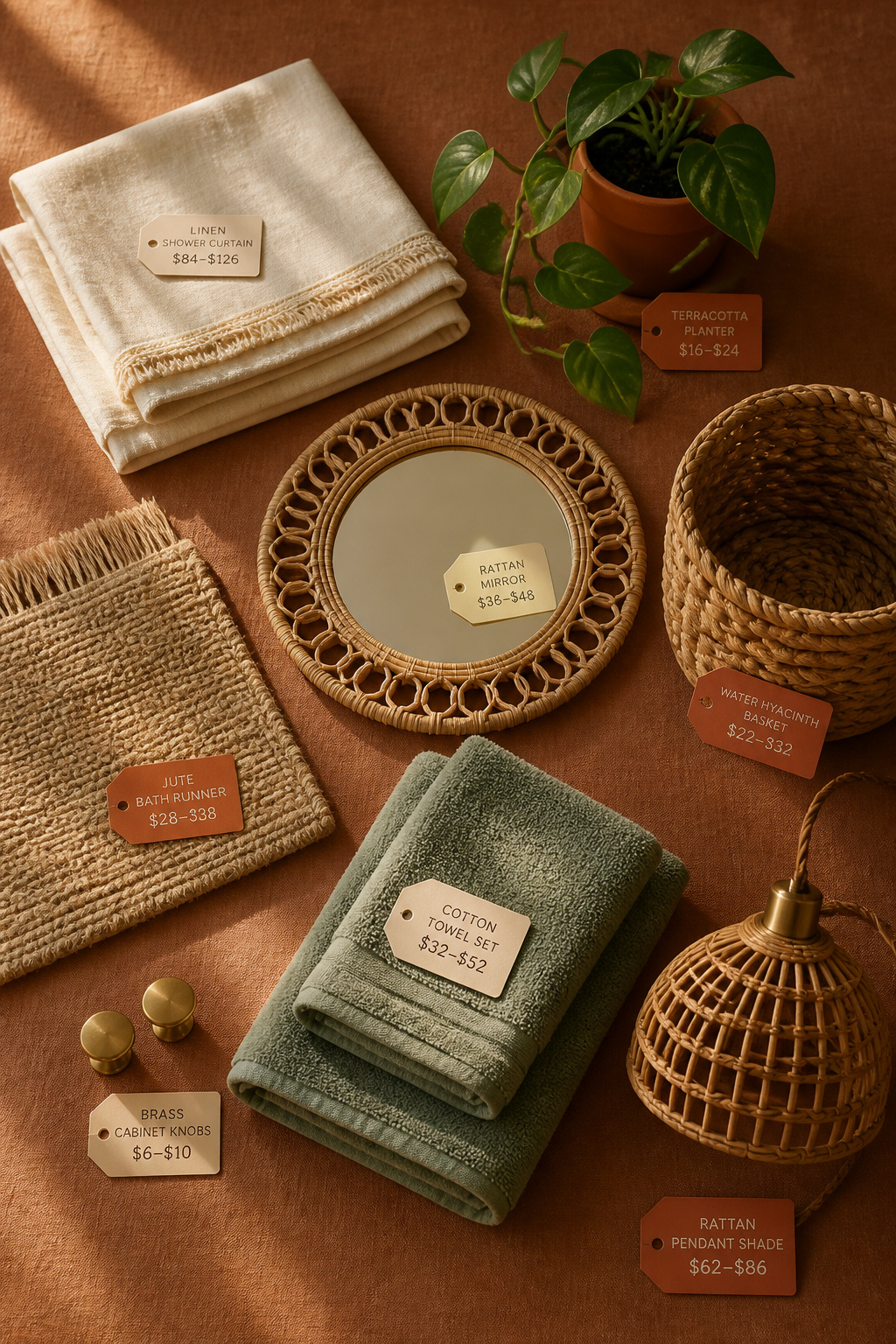 Eight boho bathroom budget categories arranged as a flatlay with price ranges