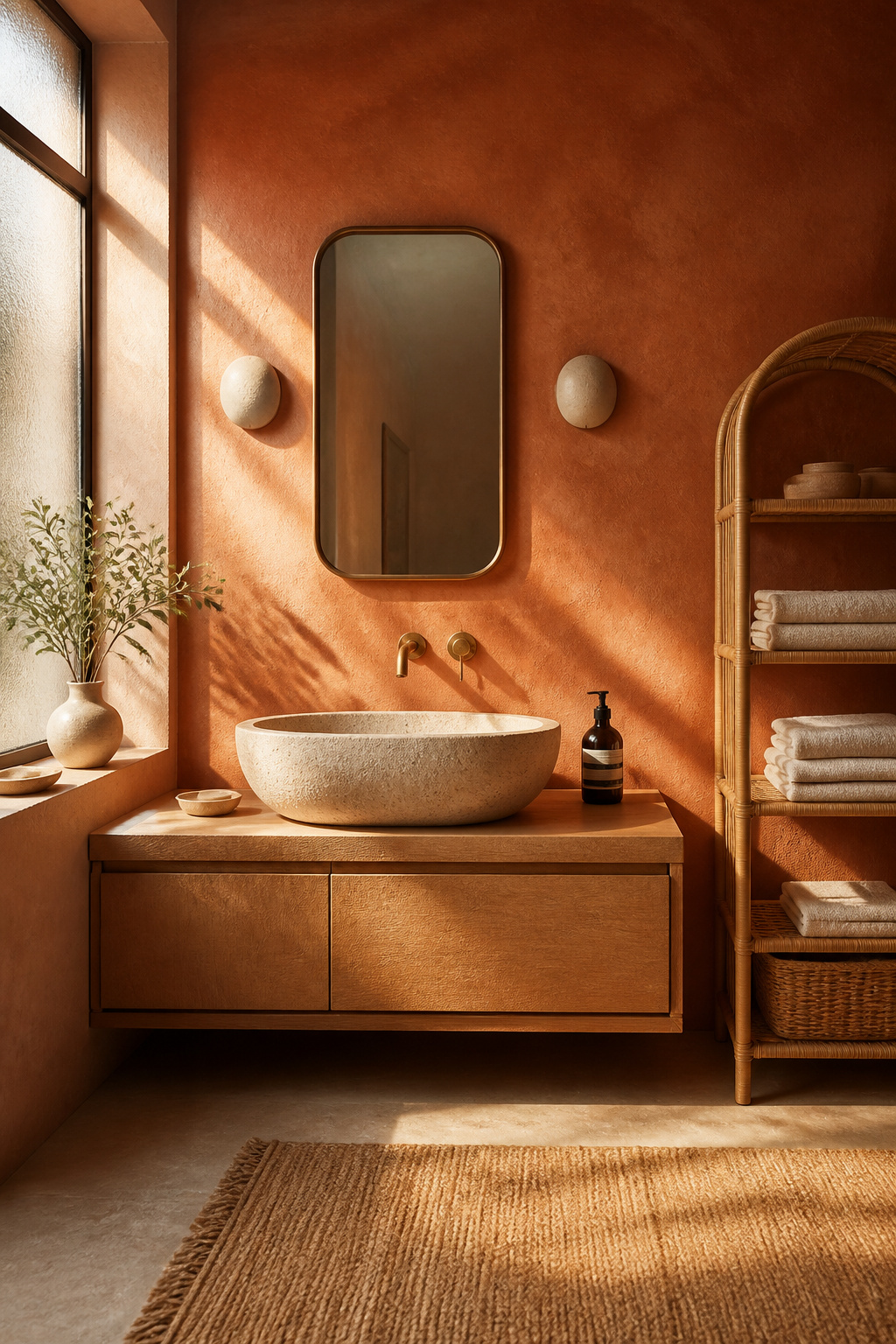 Boho bathroom with terracotta wall, stone vessel sink on oak vanity, cream linen towels, and morning light