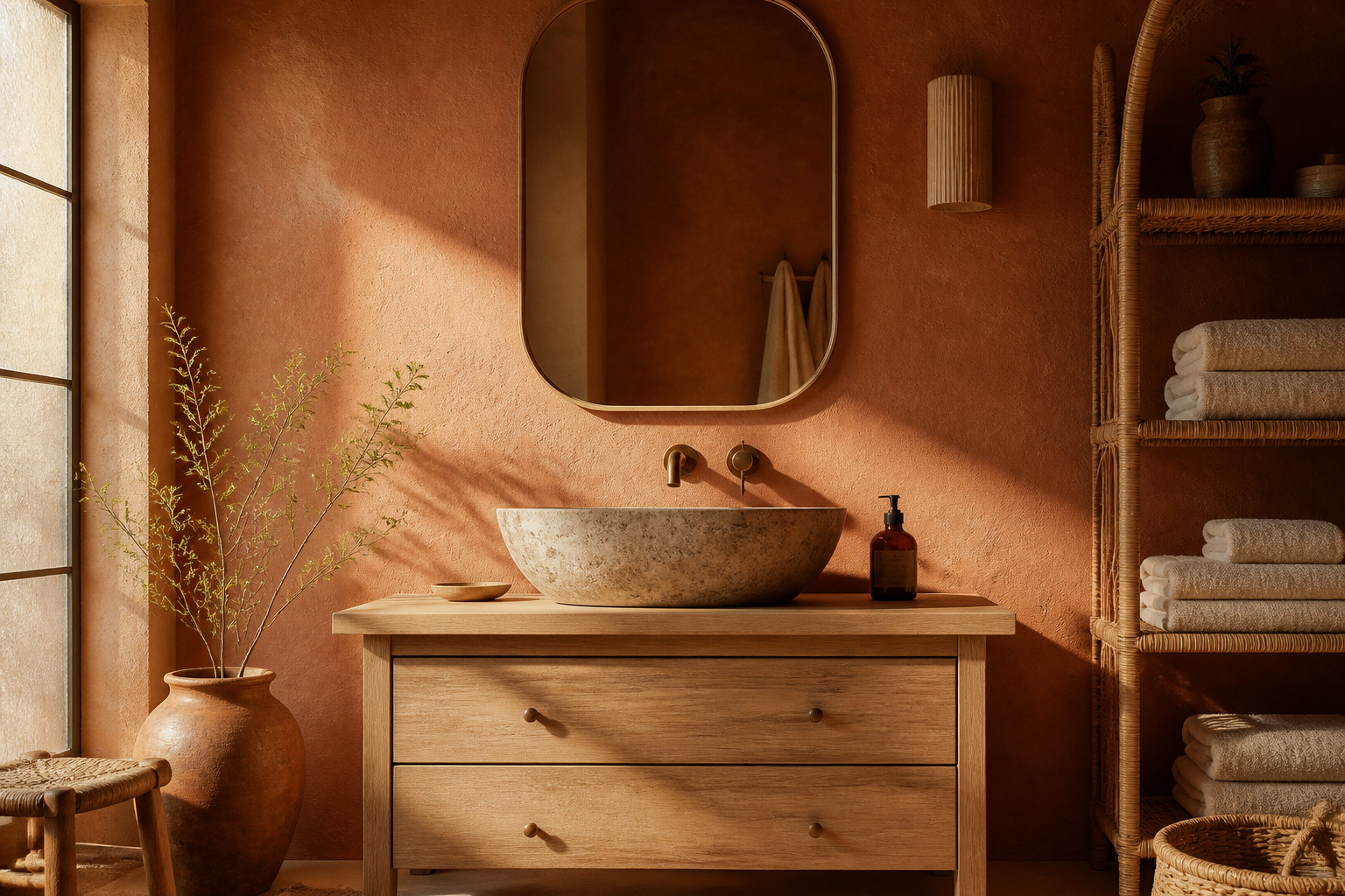 Boho bathroom with terracotta wall, stone vessel sink on oak vanity, cream linen towels, and morning light