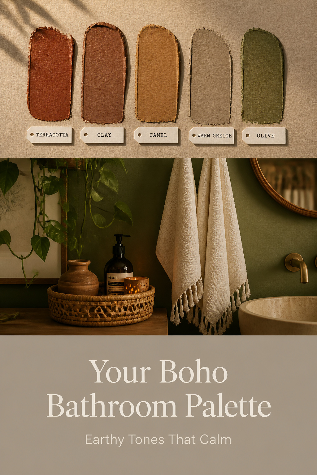 Boho bathroom color palette collage showing terracotta, clay, camel, warm greige, and olive paint swatches with styled vignette