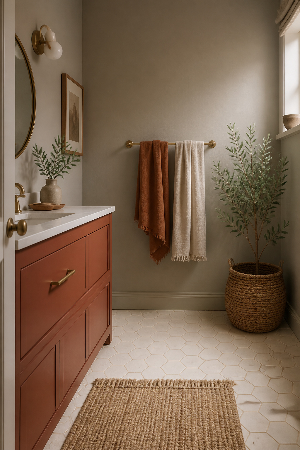 Boho bathroom showing warm greige walls, terracotta vanity cabinet, cream hex tile with sand grout, jute bath mat and linen towels
