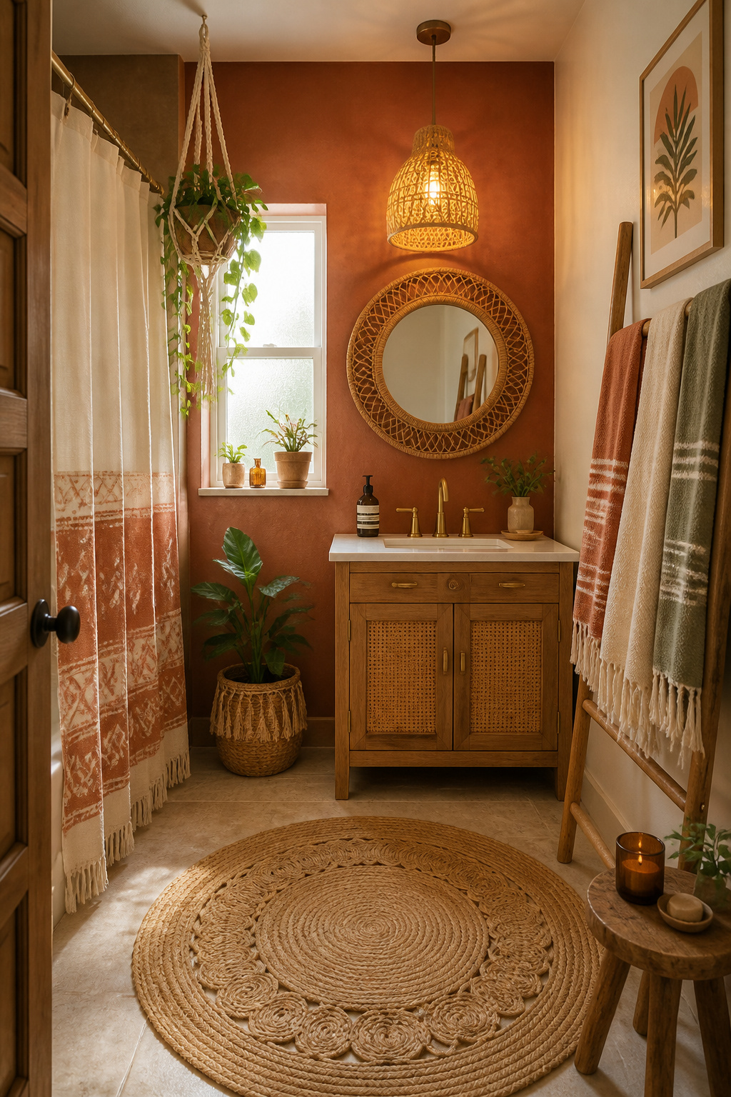 Complete boho bathroom with all five design levers: earthy palette, zellige tile, macramé plants, layered textiles and warm brass lighting in warm afternoon light