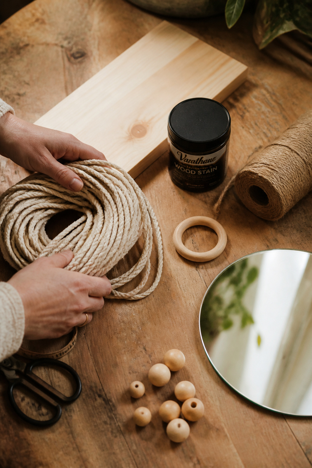 Boho bathroom DIY materials — macramé cord, pine board, wood stain, jute and mirror for three budget projects