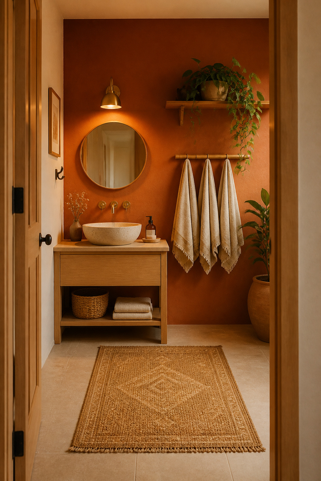 Boho bathroom viewed from the doorway showing terracotta feature wall, cream stone sink, bamboo towel rail, and warm brass sconce light