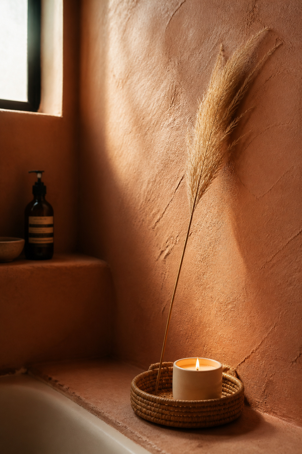 Warm terracotta plaster wall with rattan tray and lit candle in a boho bathroom, demonstrating the grounding quality of earthy tones