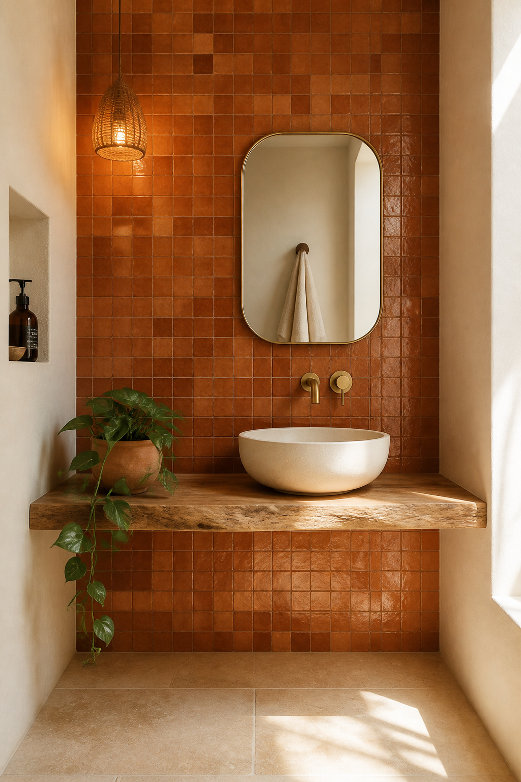 Boho bathroom with single zellige feature wall in terracotta behind a wood vanity, plain limewash plaster on other walls, trailing pothos plant