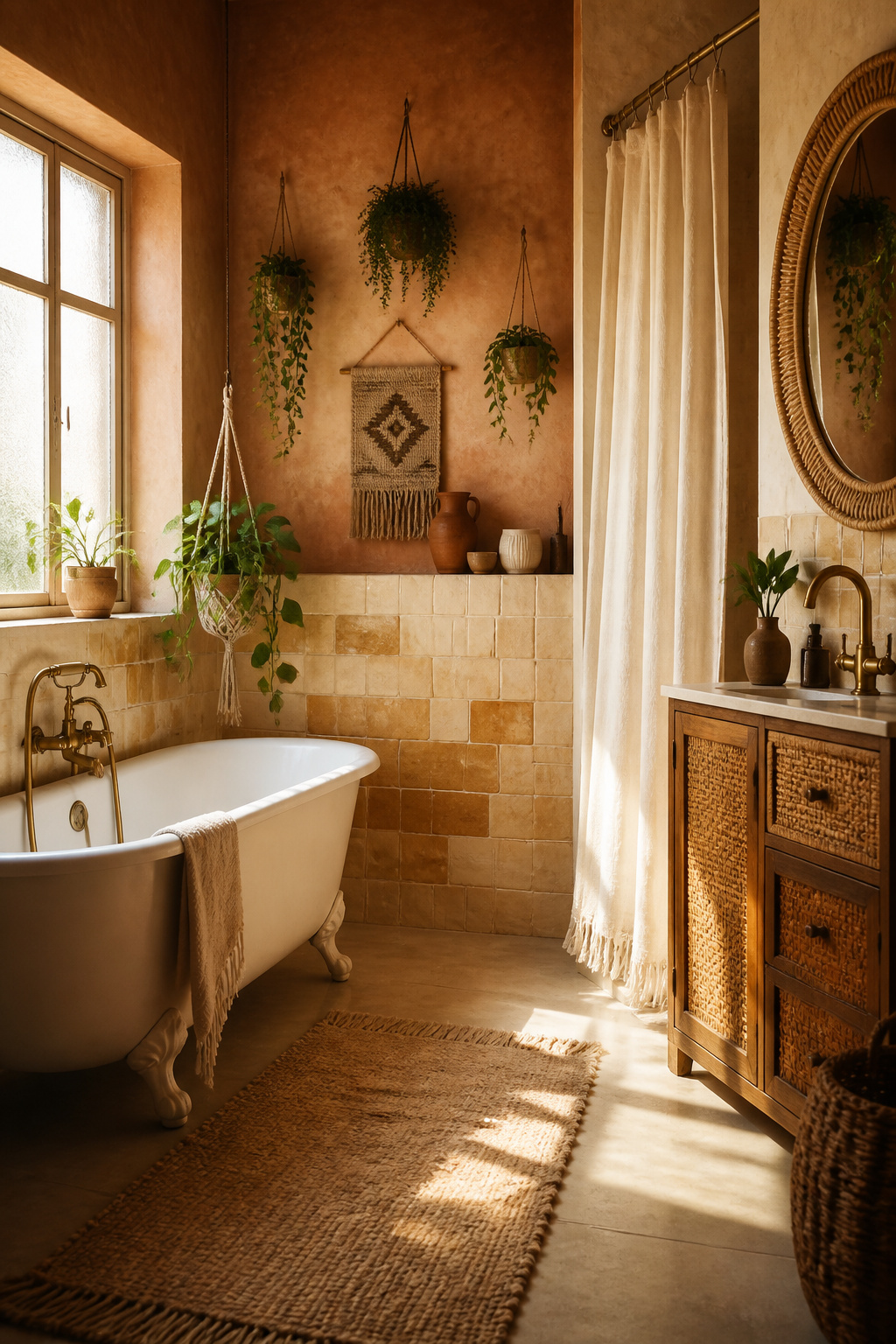Complete boho bathroom with terracotta walls, zellige tile, rattan mirror, macramé plant hanger and fringed shower curtain in warm natural light