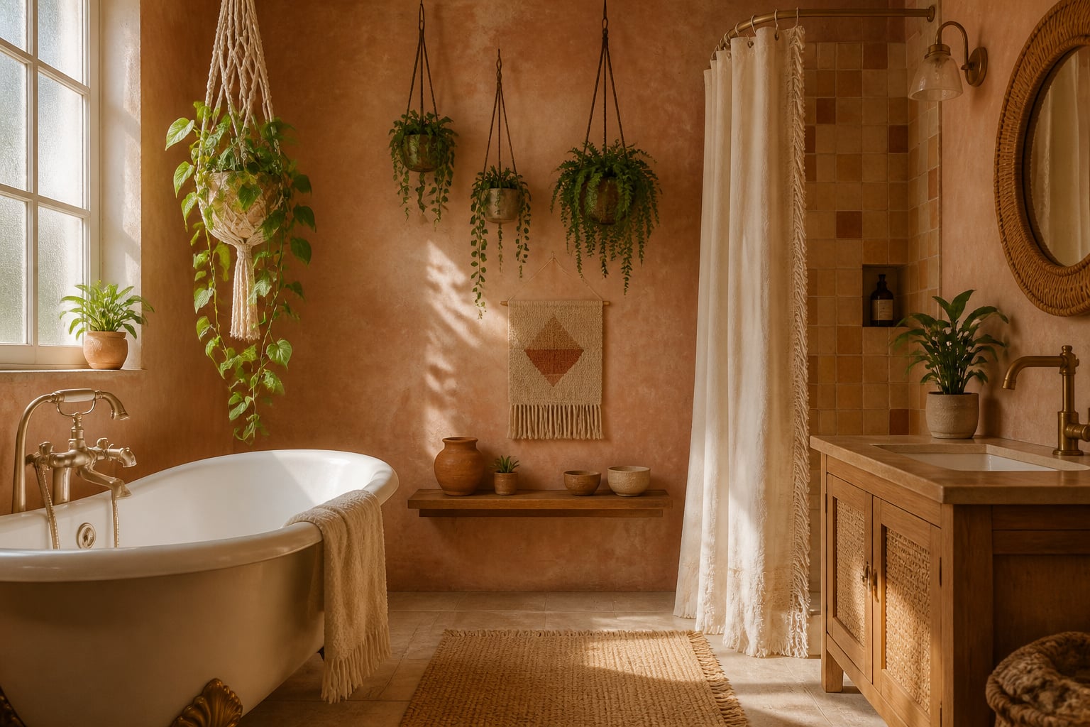Complete boho bathroom with terracotta walls, zellige tile, rattan mirror, macramé plant hanger and fringed shower curtain in warm natural light