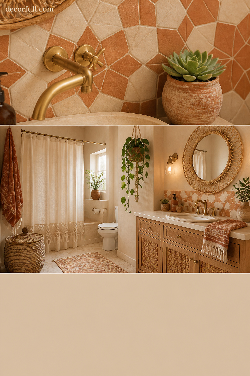 Pinterest collage of boho bathroom ideas showing zellige tile, rattan mirror, macramé plants and fringed curtain