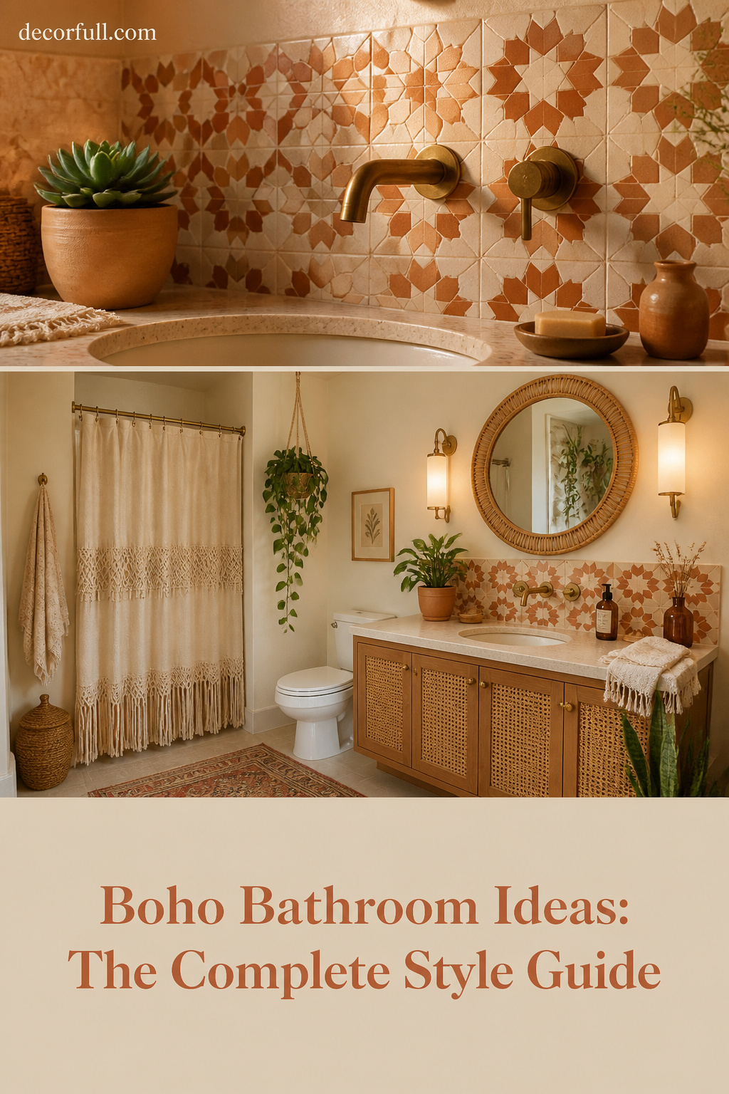 Pinterest collage of boho bathroom ideas showing zellige tile, rattan mirror, macramé plants and fringed curtain