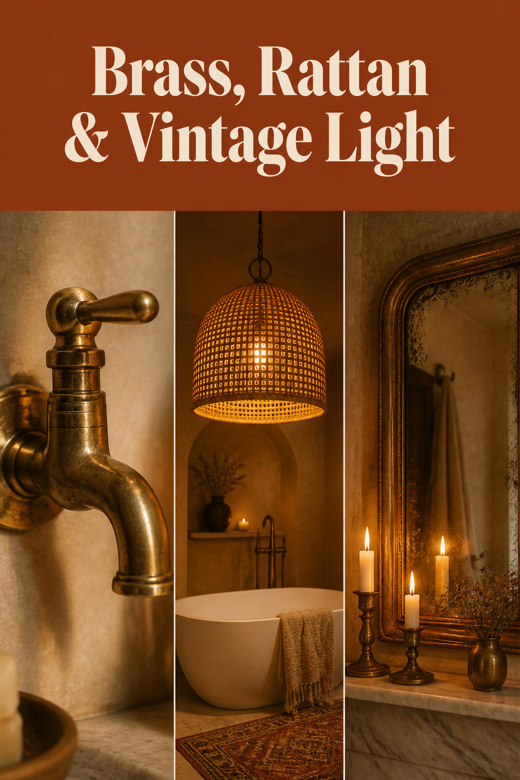 Three-panel Pinterest pin showing unlacquered brass bathroom tap, rattan pendant over a freestanding bath, and a foxed vintage mirror with terracotta headline band