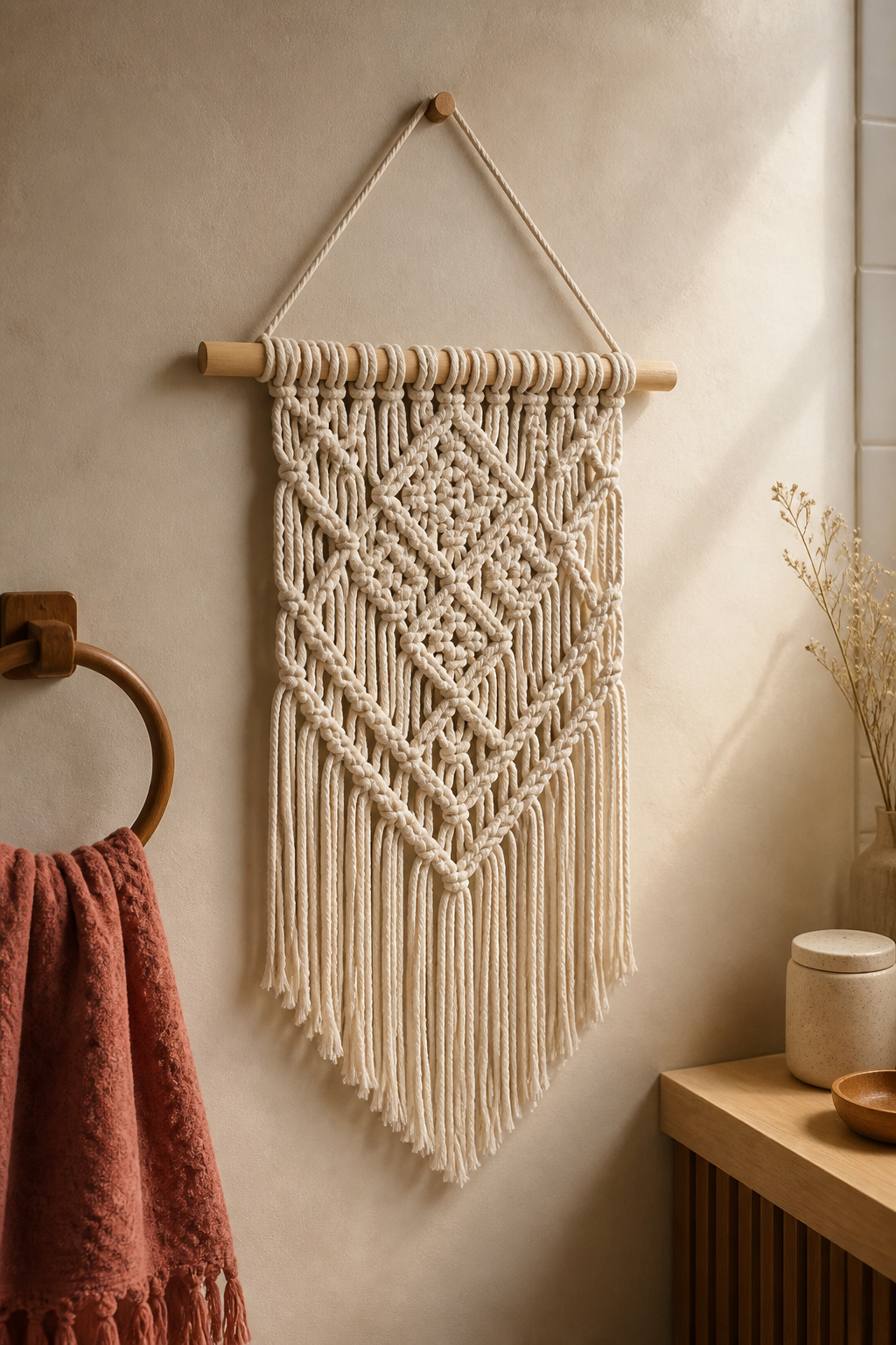 Hand-knotted macrame wall hanging in natural cotton cord mounted on a wooden dowel in a warm boho bathroom, with tasselled hand towel visible below