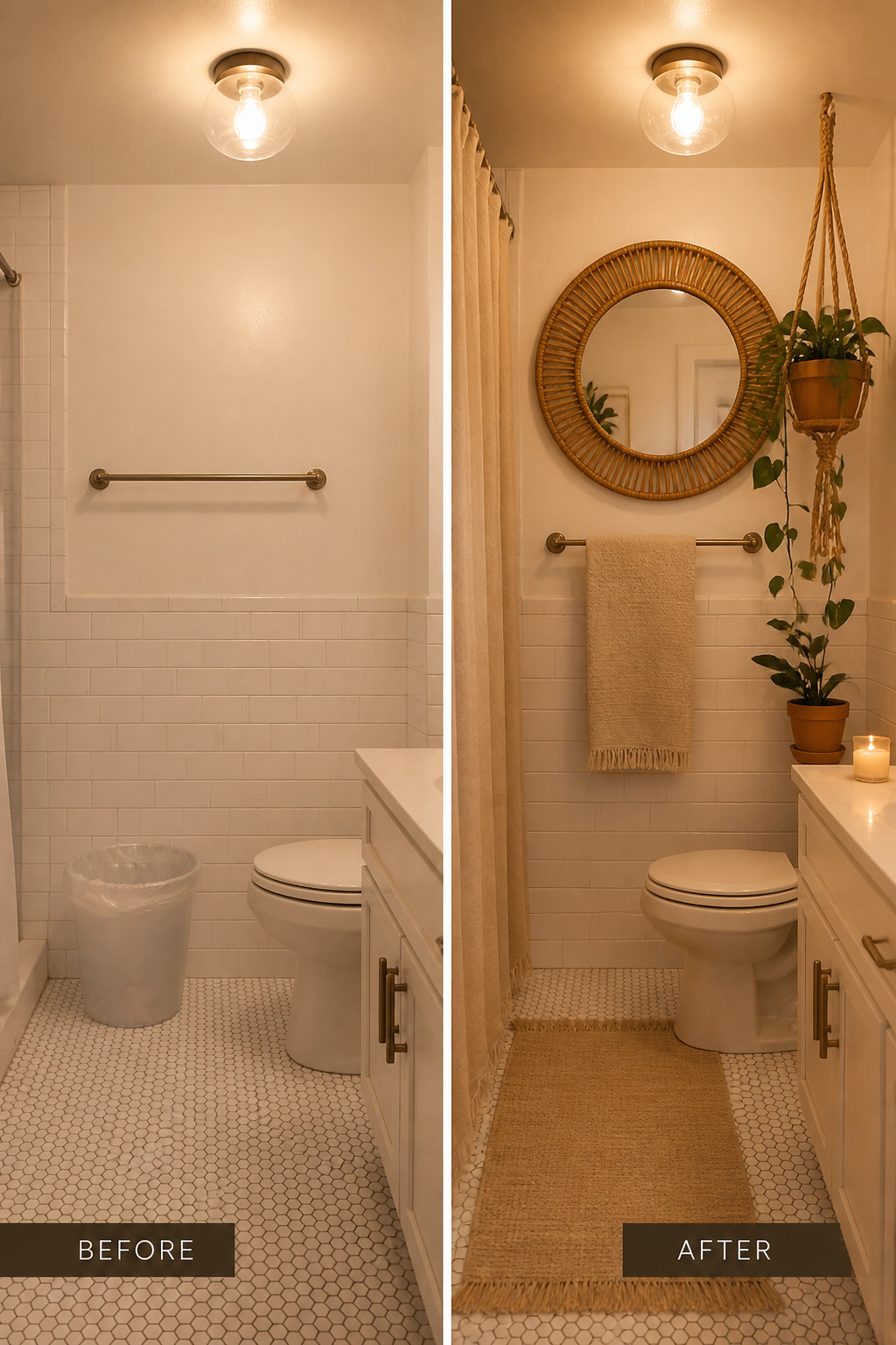 Before and after — same bathroom tiles, transformed by boho accessories only