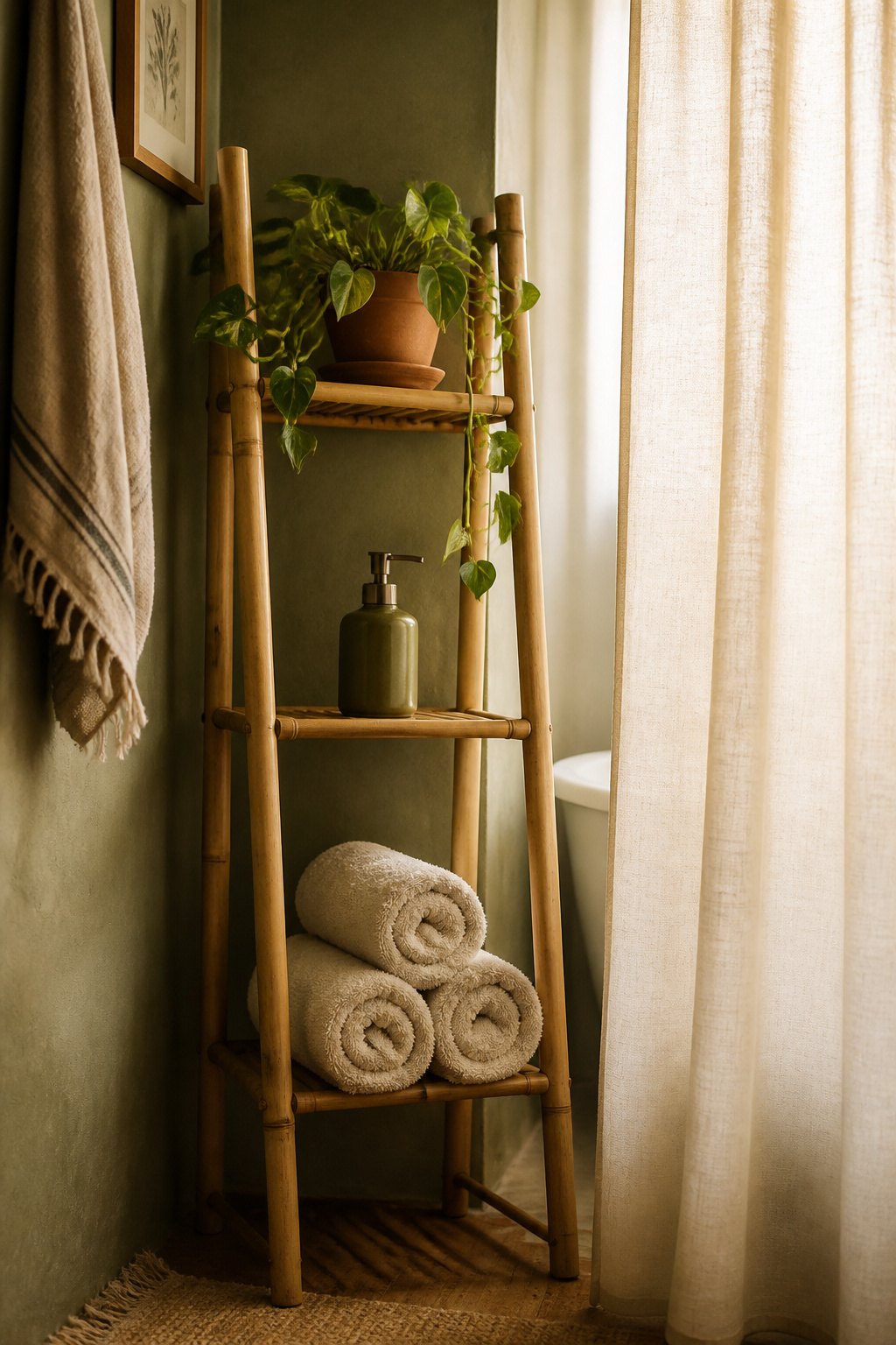 Boho bathroom corner showing olive-painted wall, cream linen shower curtain, bamboo shelf with towels and trailing pothos