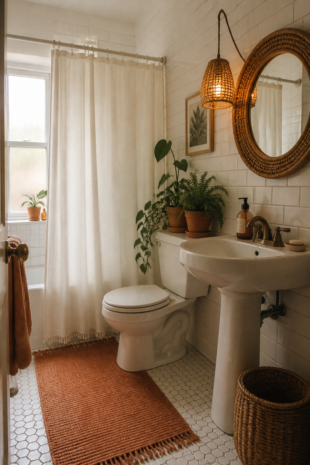 Budget boho bathroom with rattan mirror, terracotta pots and wicker basket on white tile