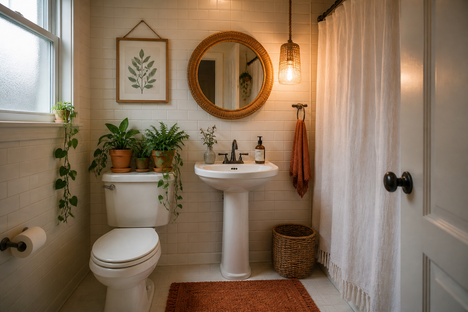Budget boho bathroom with rattan mirror, terracotta pots and wicker basket on white tile
