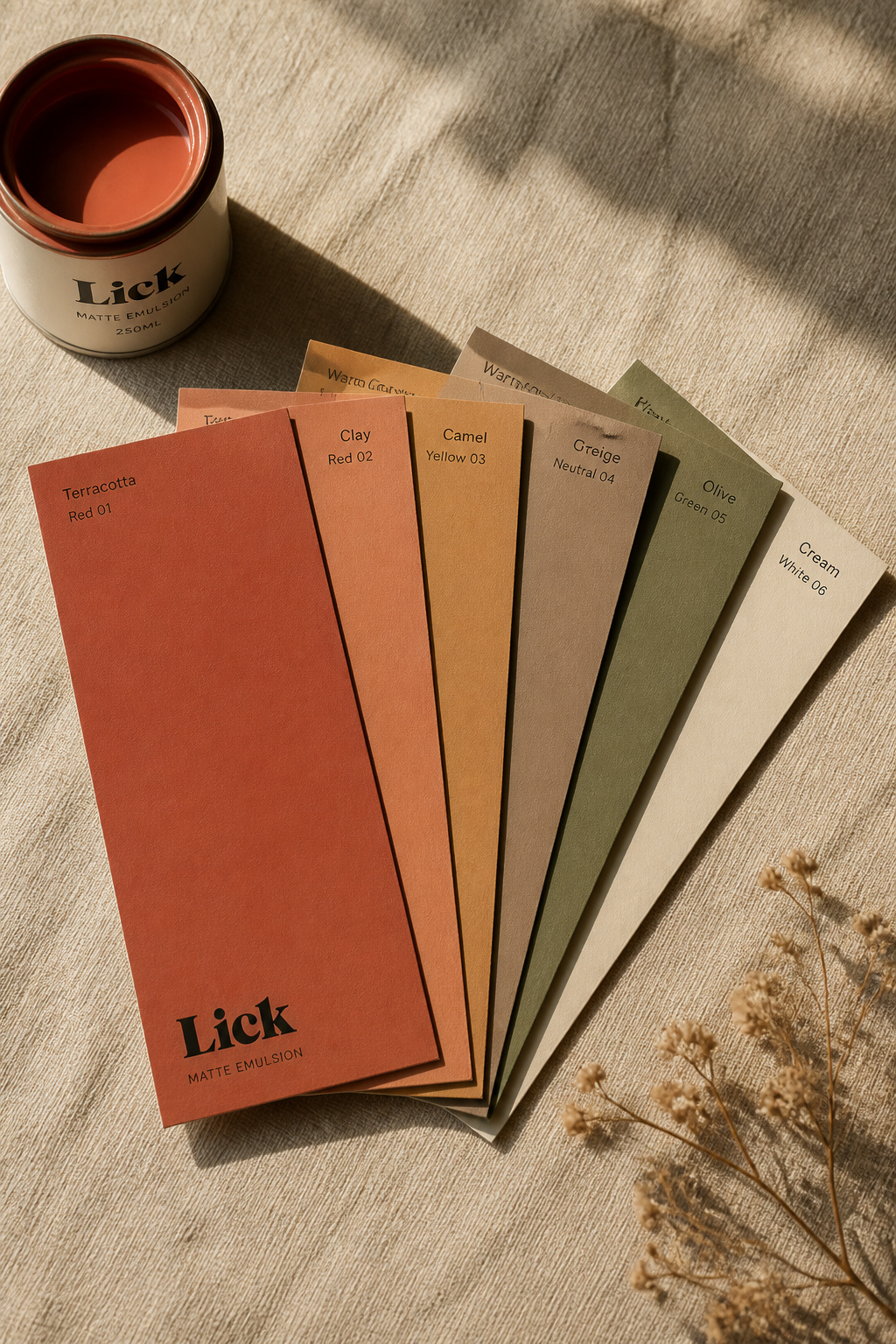 Six boho bathroom paint colour swatches including terracotta, clay, camel, warm greige, olive, and cream from Benjamin Moore, Sherwin-Williams, and Farrow & Ball