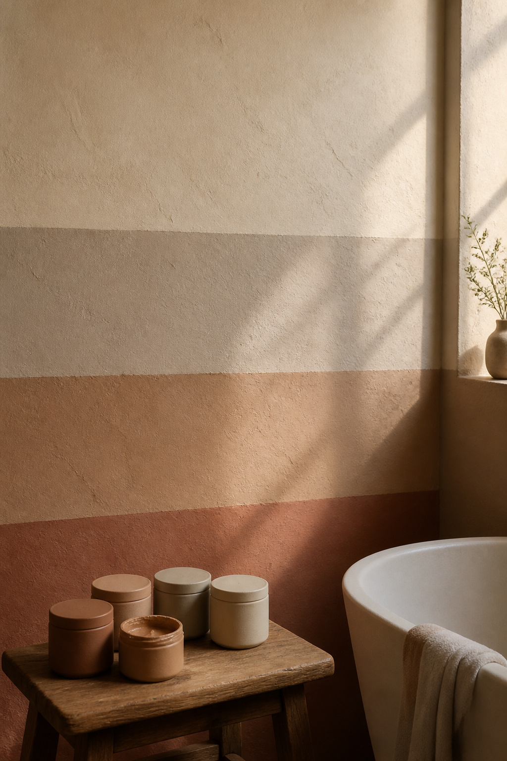 Boho bathroom colour palette showing terracotta, clay, warm greige and cream paint tones on a plaster wall